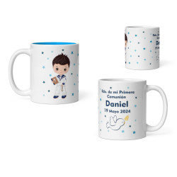 Taza niño comunión marinero azul con nombre