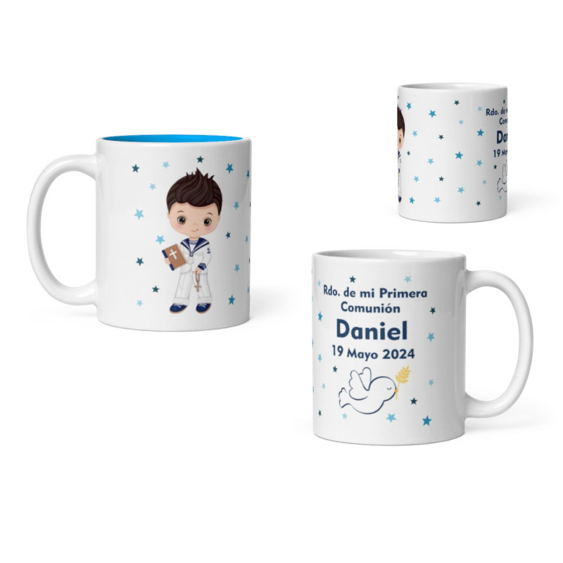 Taza niño comunión marinero azul con nombre
