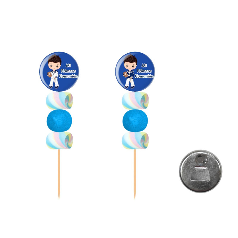 Brocheta de golosinas con abridor imán Comunión Marinero 58MM