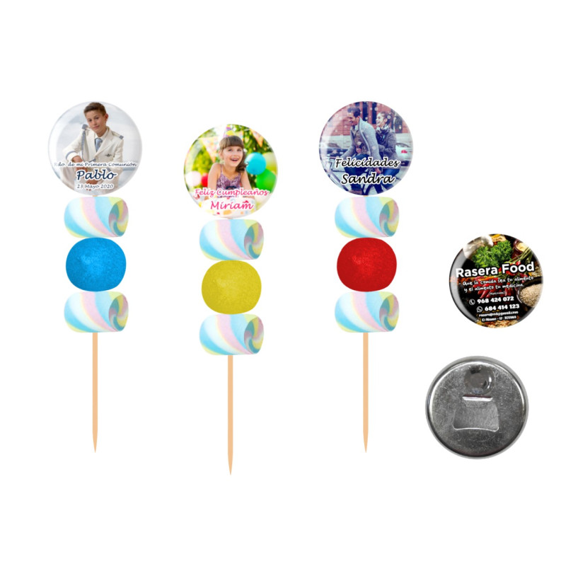 Brocheta de golosinas con abridor imán Personalizada 58MM
