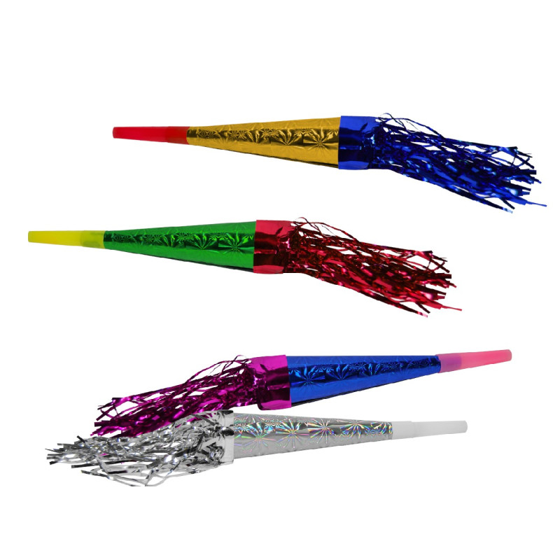 Trompeta metalizada con espumillón 20 cm. (12 uds.)