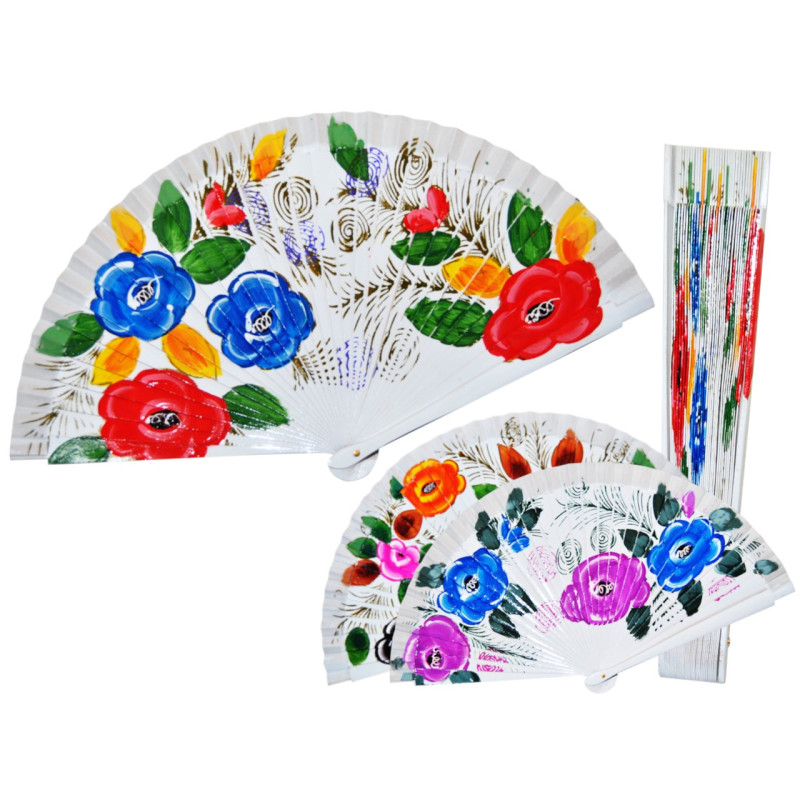 Abanico de madera blanco con flores  (23 cm.)