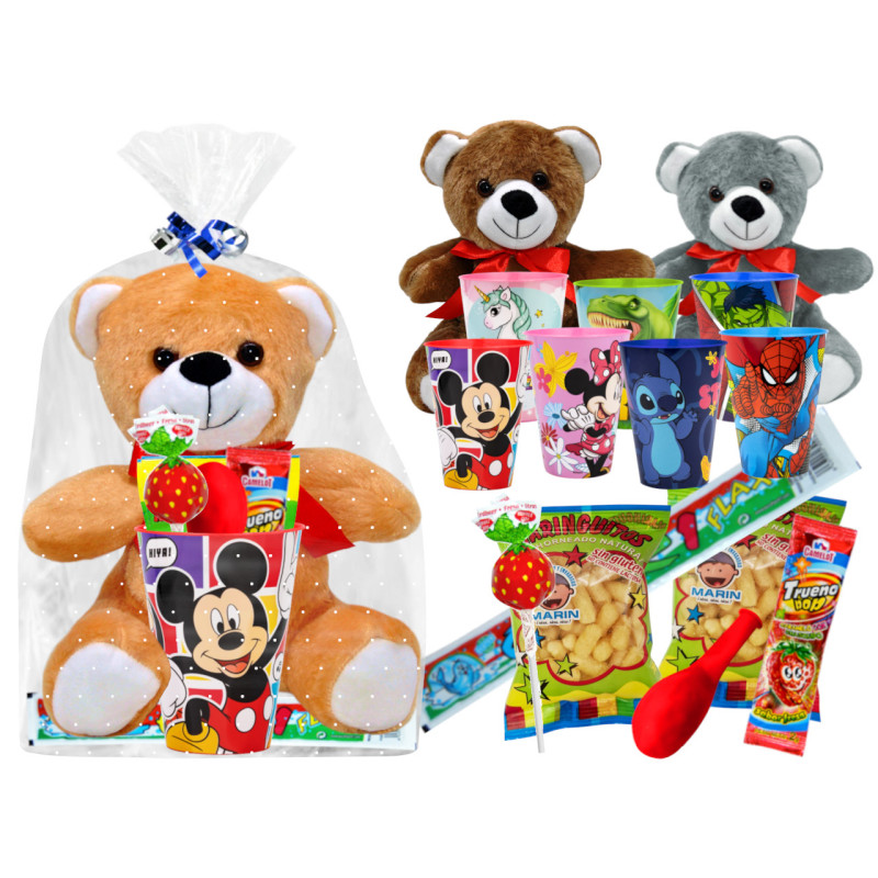 Peluche oso con golosinas + vaso easy licencias