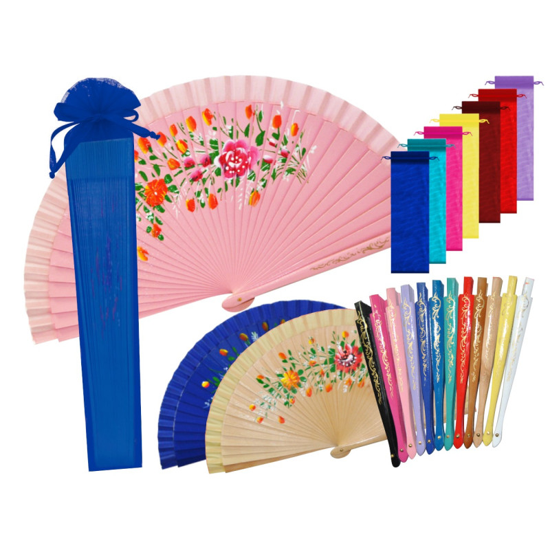 Abanico de madera color con flores  (23 cm.) + bolsa tul (9971)