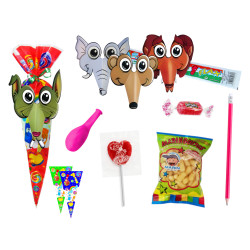 Bolsa cono con golosinas + careta (20 x 40 cm.)