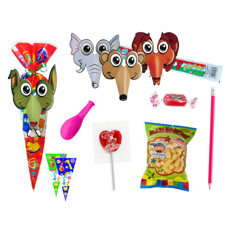 Bolsa cono con golosinas + careta (20 x 40 cm.)