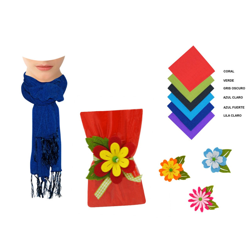 Pañuelo liso bambula con flecos (220x40 cm.) + flor de fieltro (8500)*