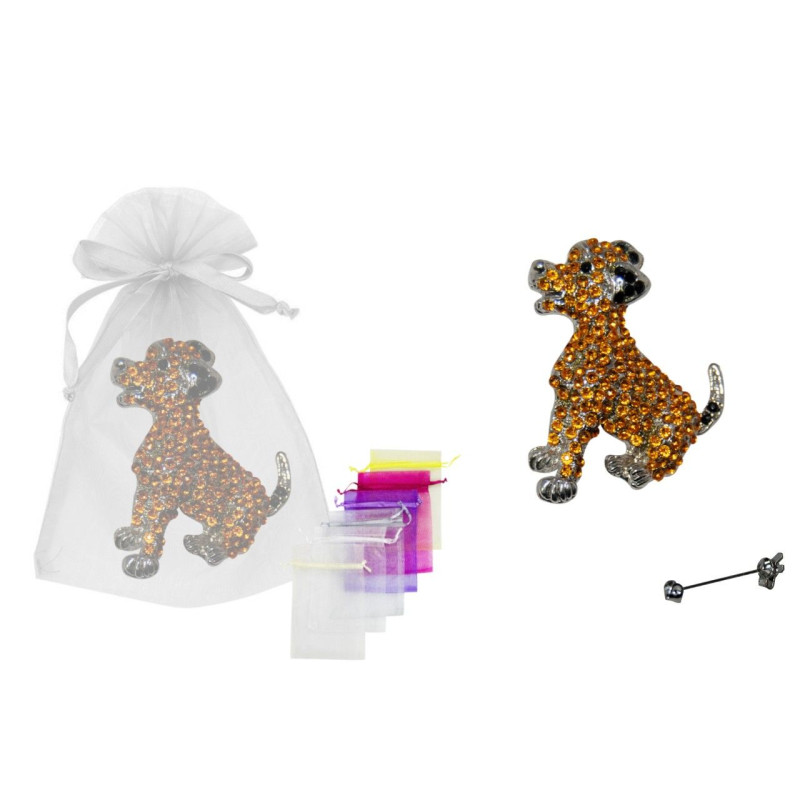 Broche con pedrería perrito (4x5 cm.) + bolsa de tul (8942)*