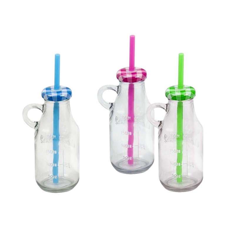 Botella asa luke de cristal con pajita 250 ml. (14 cm.)