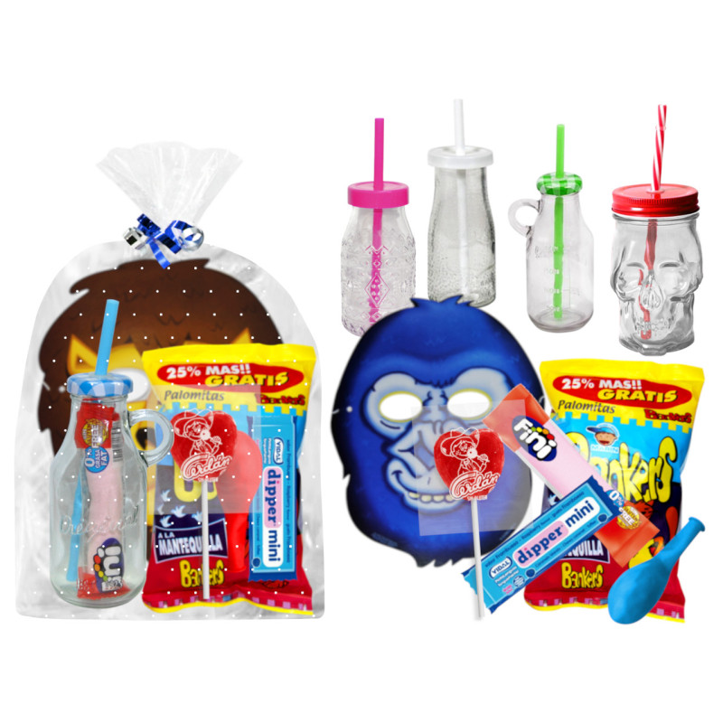 Botella cristal con golosinas + careta