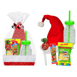 Botella Yani con golosinas + gorro papa noel