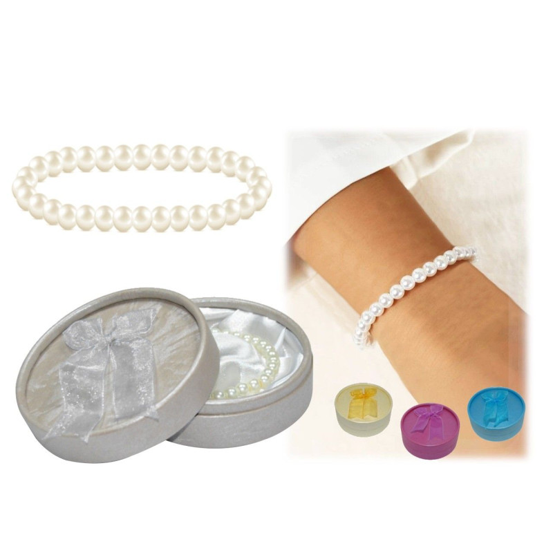 Pulsera 32 perlas blancas + caja con lazo (8515)*