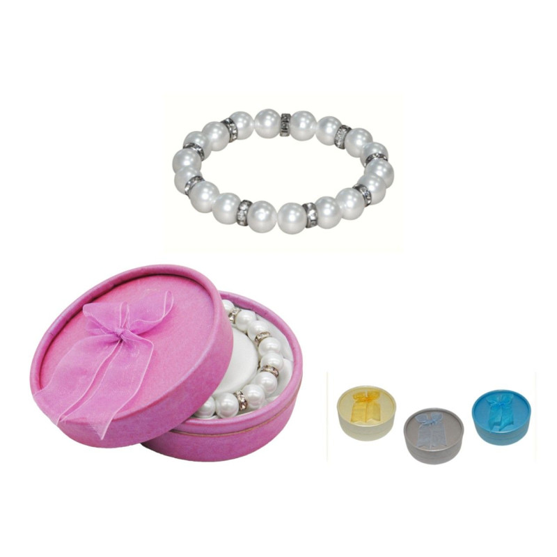 Pulsera de perlas blancas con brillantes + caja con lazo (8515)*