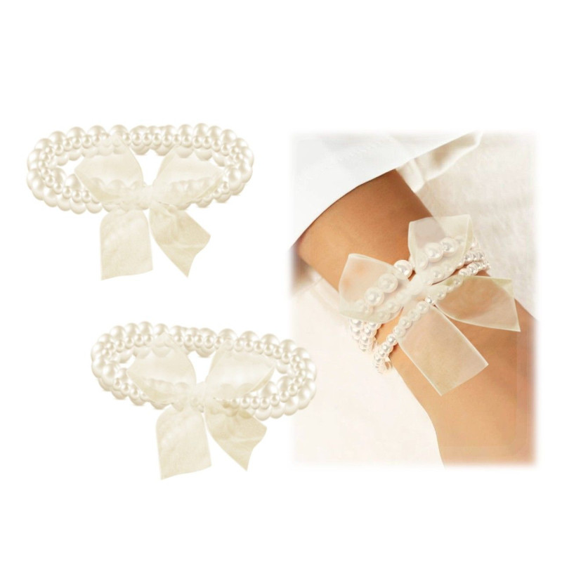 Pulsera triple de perlas blancas con lazo