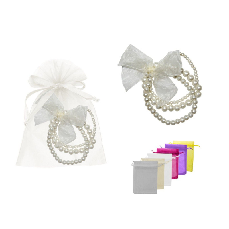 Pulsera triple de perlas blancas con lazo + bolsa de tul (8942)*
