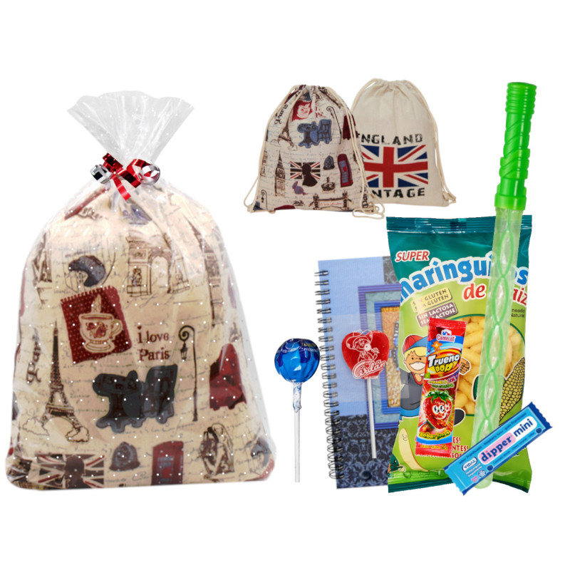 Mochila de tela ciudades con golosinas + pompero espada