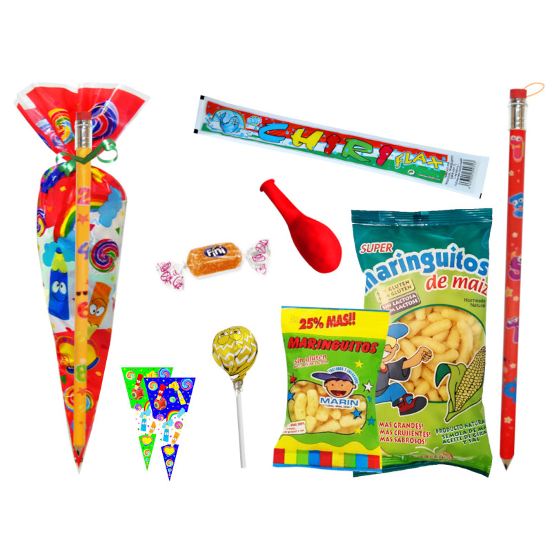 Bolsa cono con golosinas + lápiz jumbo (30 x 60 cm.)