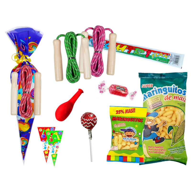 Bolsa cono con golosinas + comba saltar (30 x 60 cm.)