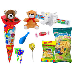 Bolsa cono con golosinas + peluche (30 x 60 cm.)