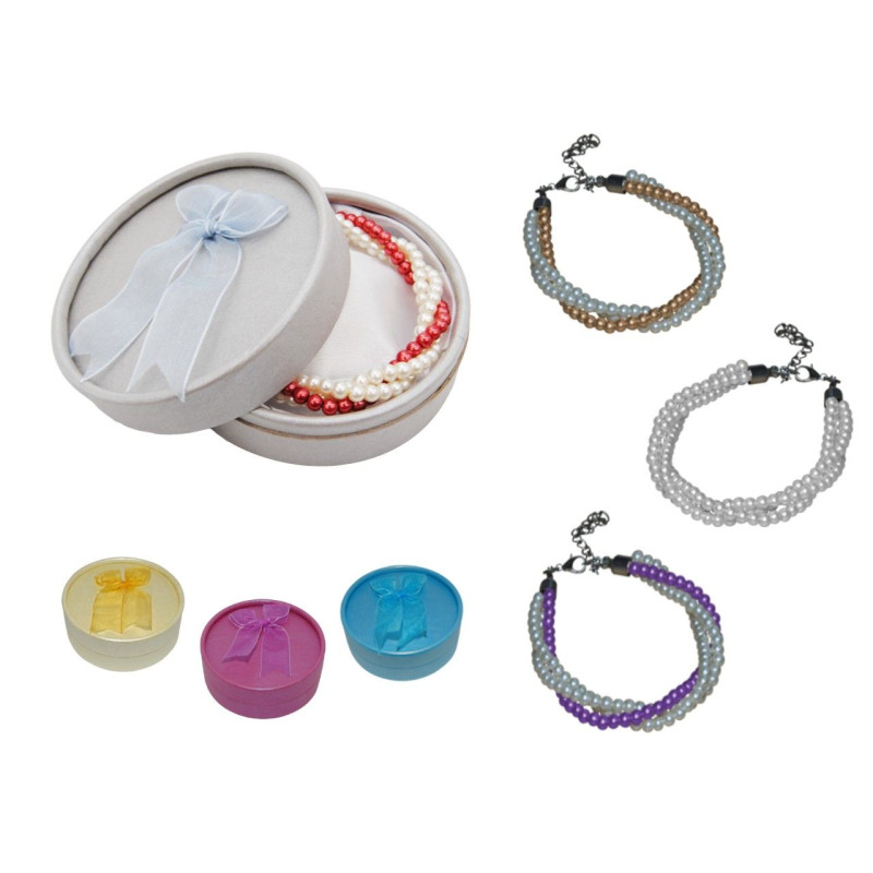 Pulsera triple de perlas blancas / colores + caja con lazo (8515)*