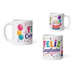 Taza feliz cumpleaños con globos, tarta y confeti