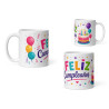 Taza feliz cumpleaños con globos, tarta y confeti