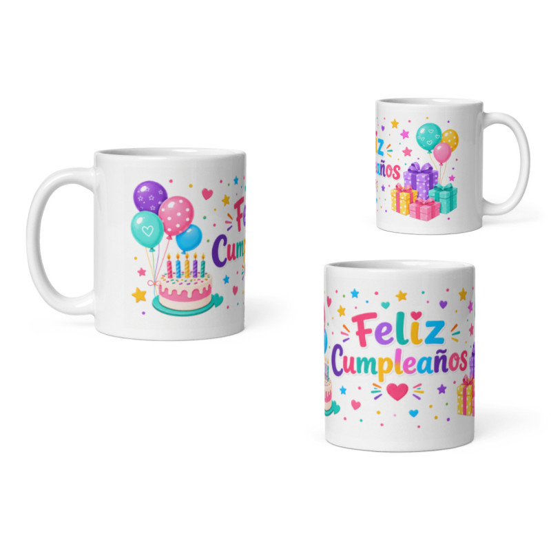 Taza feliz cumpleaños con globos, tarta y figuritas