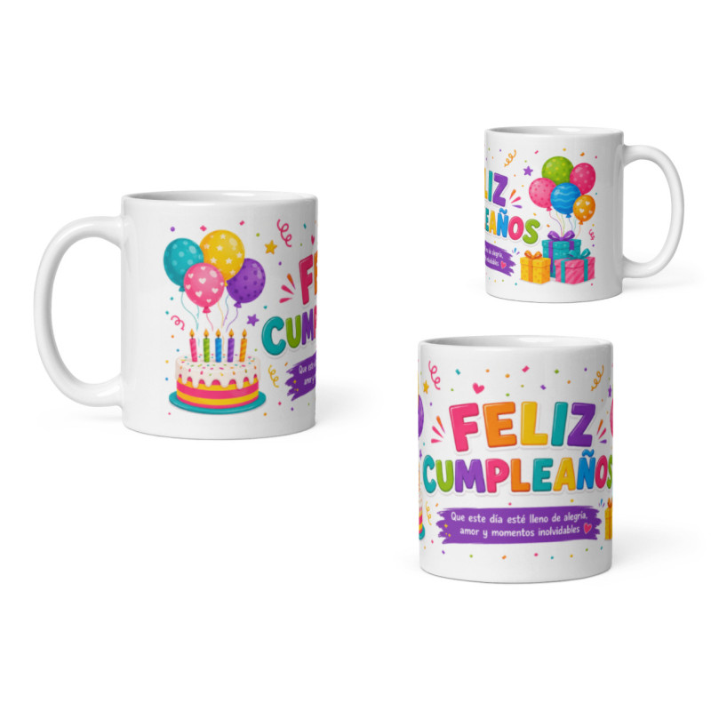 Taza feliz cumpleaños con globos, tarta, confeti y mensaje de alegría