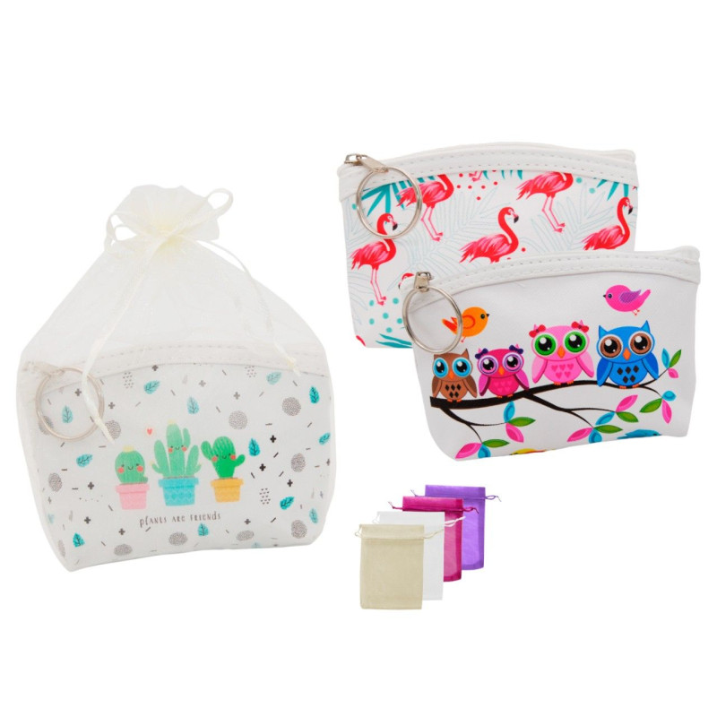 Monedero con cremallera buhos-flamencos-cactus + bolsa de tul (8944)*