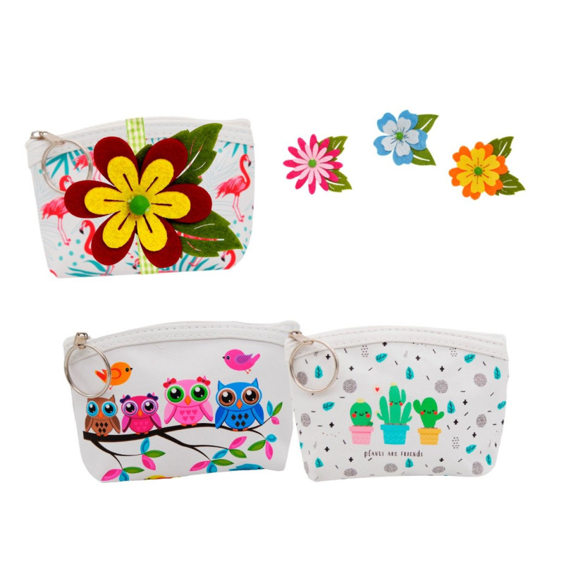 Monedero con cremallera buhos-flamencos-cactus + flor de fieltro