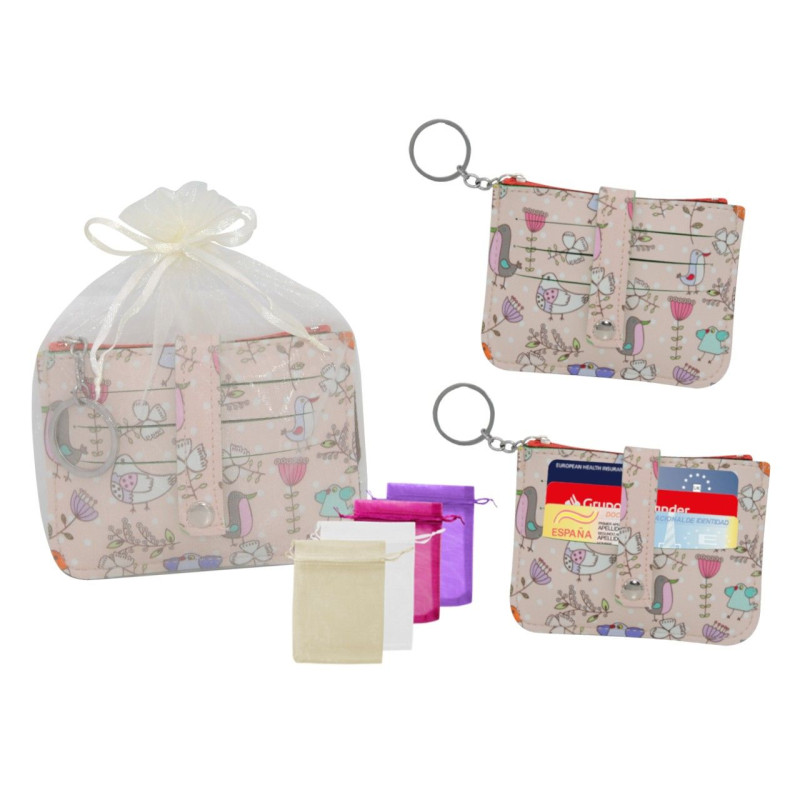 Monedero tarjetero con llavero pájaros (12x9 cm.) + bolsa de tul