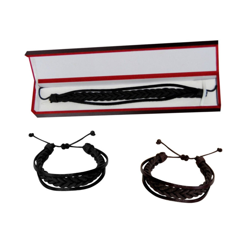 Pulsera de piel entrelazada lisa + caja de madera (8524)*