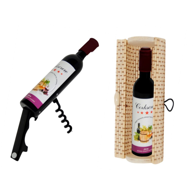 Destapador abrebotellas botella de vino (11,5 cm.) + caja de madera