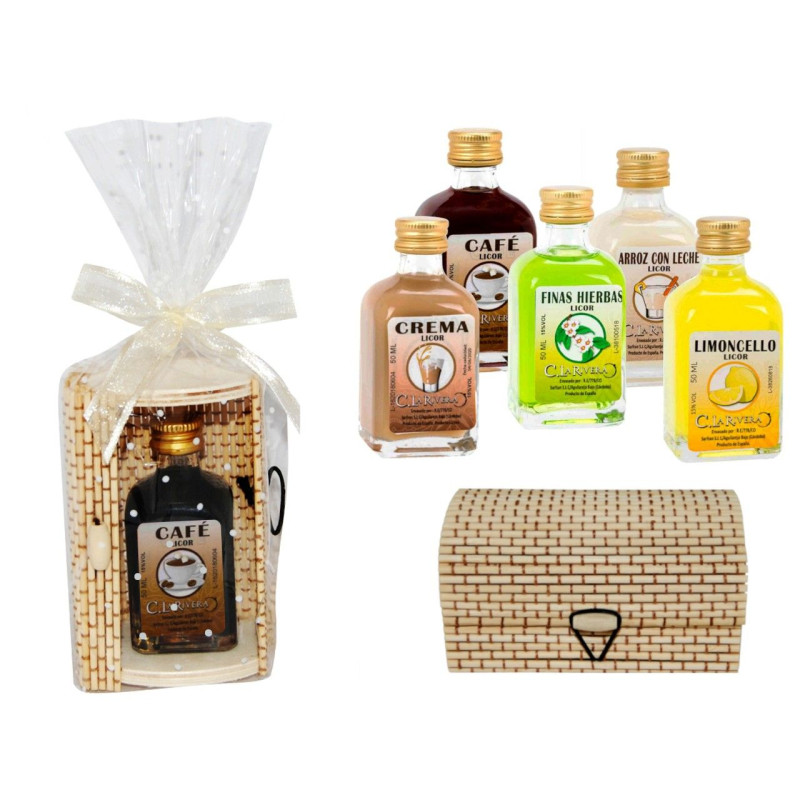Licor frasca (5 cl.) + caja de madera (8519) + cinta y celofán (8911)*