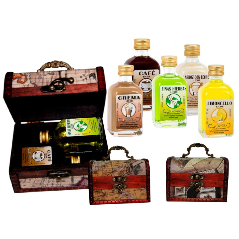 2 Licores frasca (5 cl.) + baúl de madera mapas (8089)*