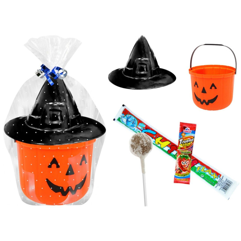 Cubo calabaza con golosinas + sombrero