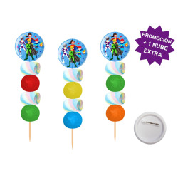 Brocheta de golosinas con chapa alfiler Superheroes 58MM