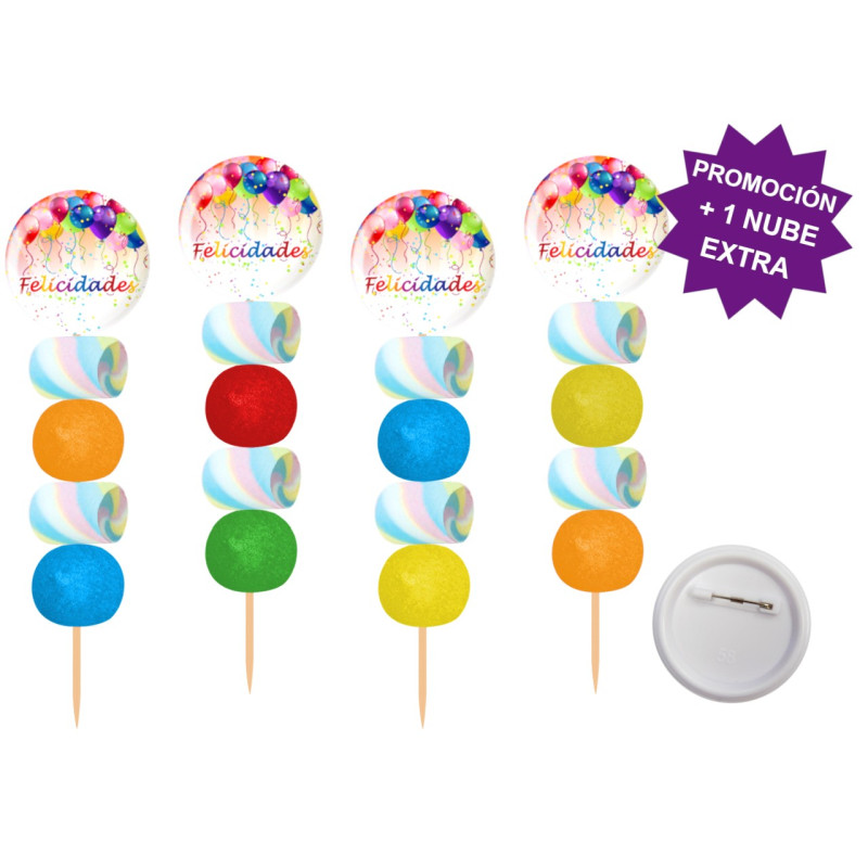 Brocheta de golosinas con chapa alfiler Felicidades 58MM