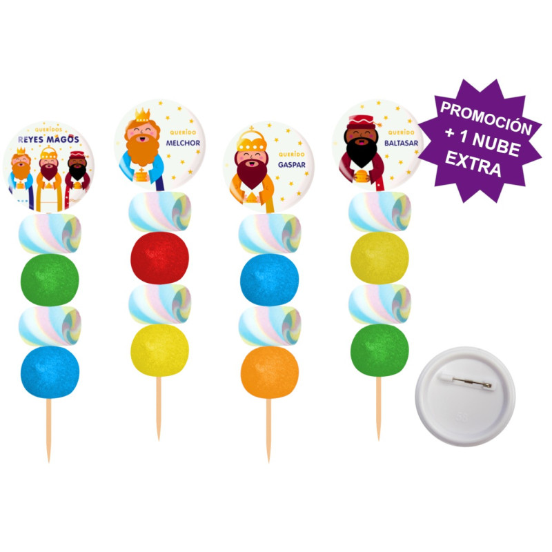 Brocheta de golosinas con chapa alfiler Reyes Magos 58MM