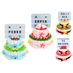 Tarta de golosinas panel letras luminoso 2 bases (Aprox. 850 g)