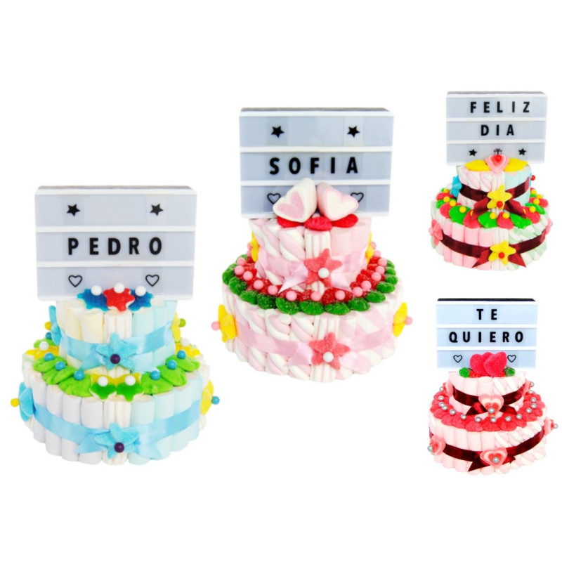 Tarta de golosinas panel letras luminoso 2 bases (Aprox. 850 g)
